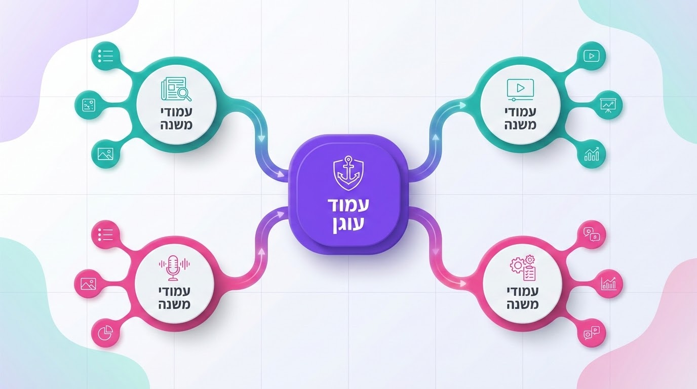 תרשים מבנה אשכול תוכן עם עמוד עוגן מרכזי ועמודי משנה מקושרים