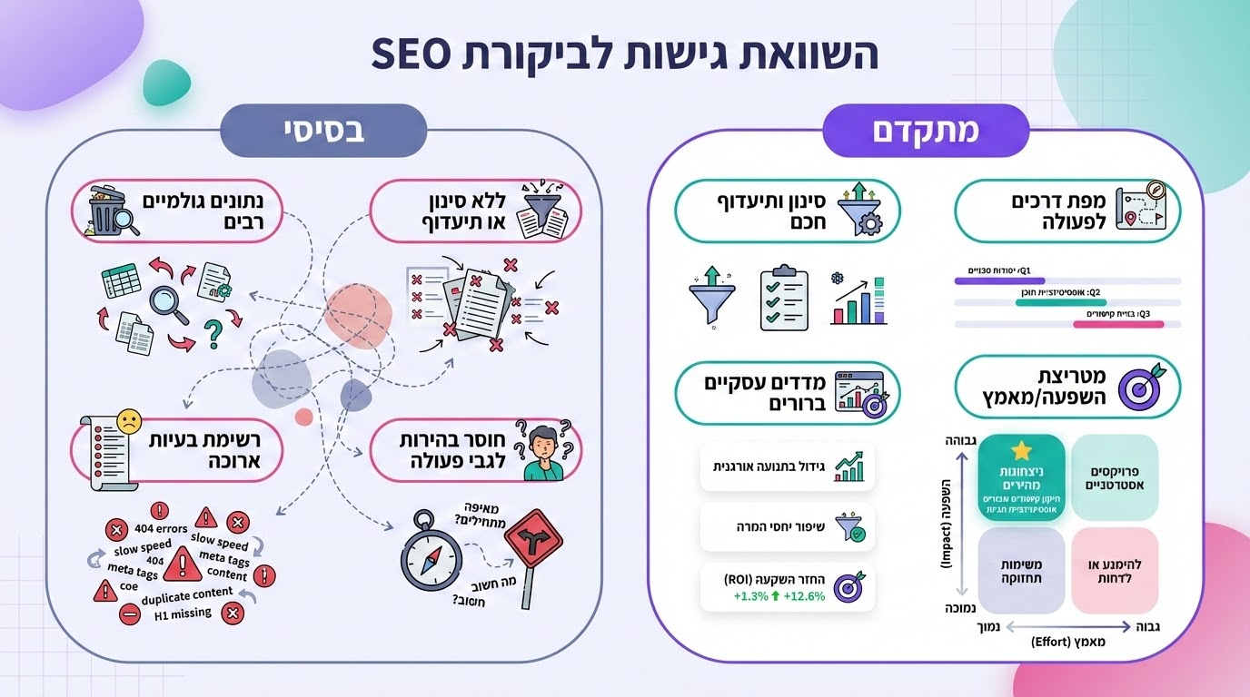 השוואה ויזואלית בין Audit בסיסי לבין Audit מתקדם שמגלה חסמים אמיתיים