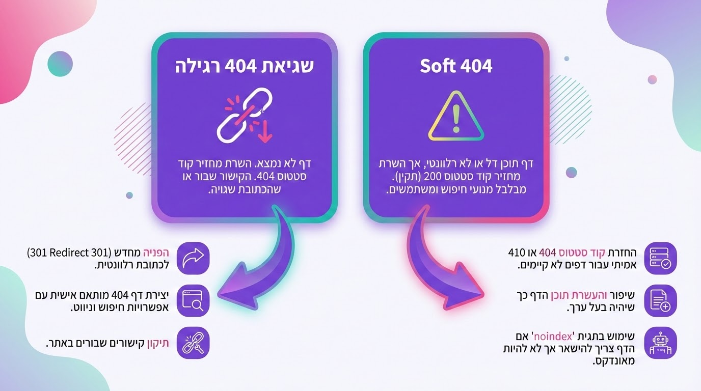 השוואה בין שגיאות 404 רגילות לשגיאות Soft 404 ואיך לתקן כל אחת