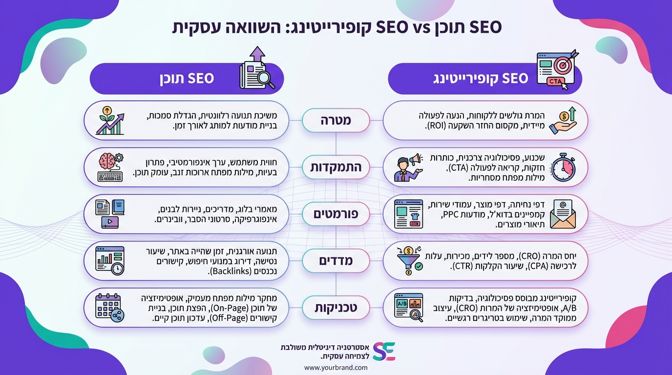 השוואה בין כתיבת תוכן SEO לקופירייטינג SEO - טבלת הבדלים מפורטת