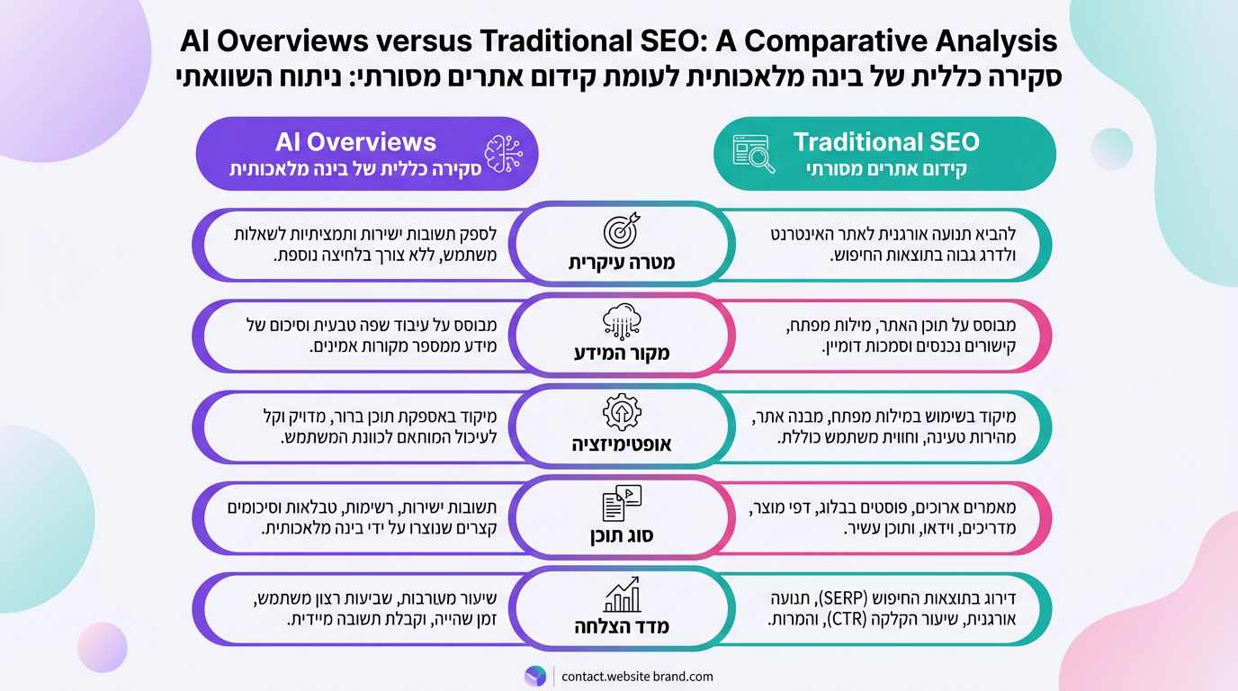 השוואה ויזואלית בין AI Overviews לקידום אתרים מסורתי - טבלת הבדלים מרכזיים