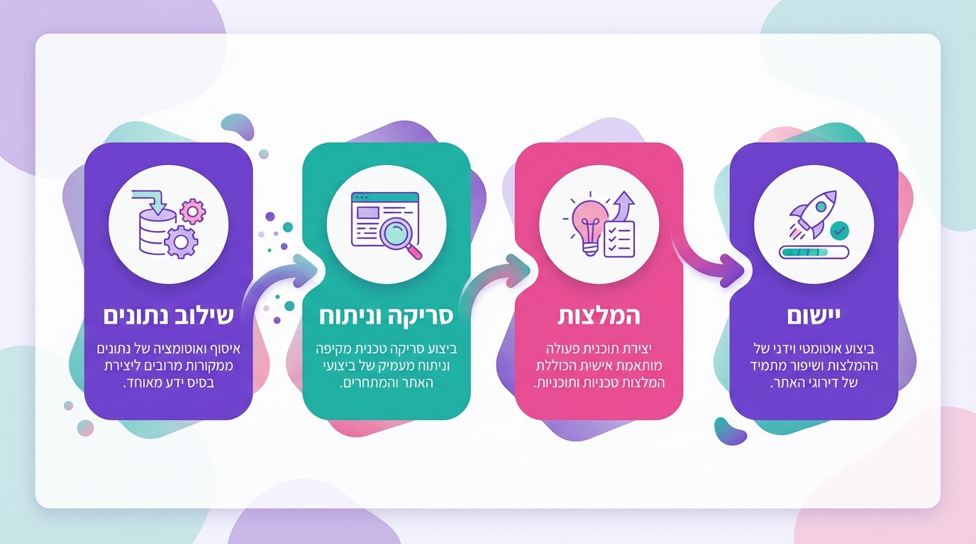 תרשים המציג את תהליך העבודה של מערכת אוטומטית לקידום אתרים בפועל