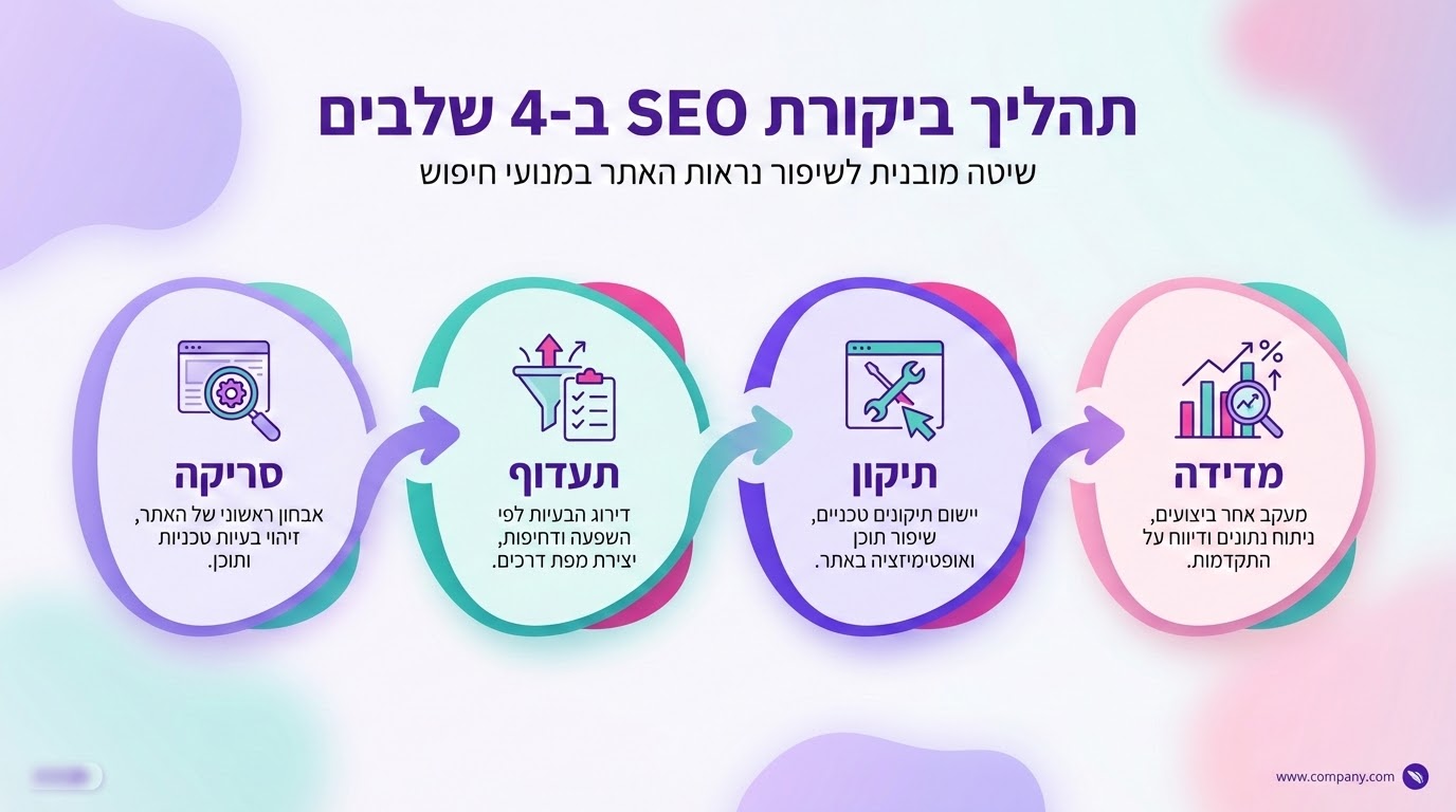 איך לבדוק SEO של אתר בצורה נכונה - תרשים המתאר את תהליך הבדיקה השיטתי