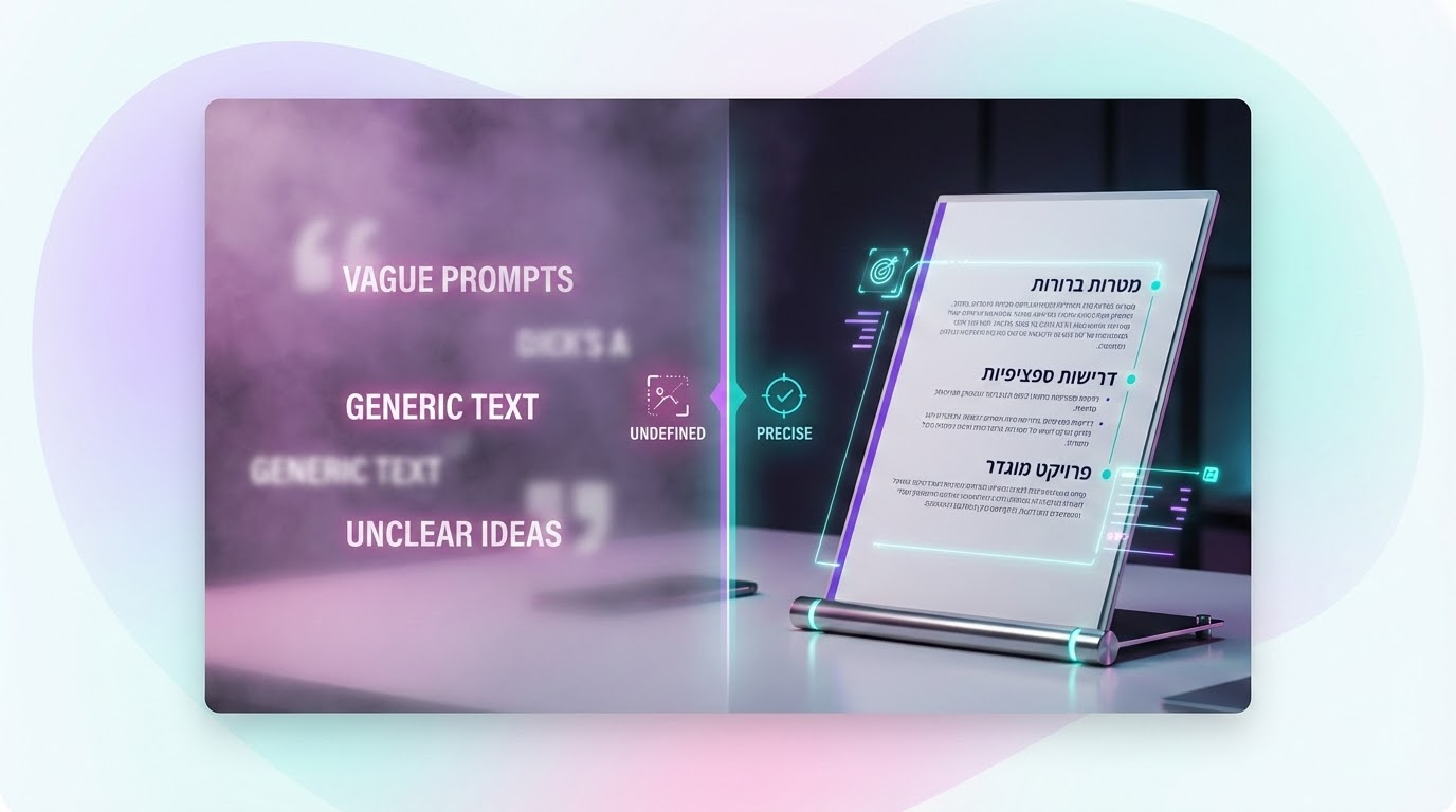 איור המדגים את ההבדל בין פרומפט עמום לפרומפט מדויק ביצירת תוכן באמצעות בינה מלאכותית