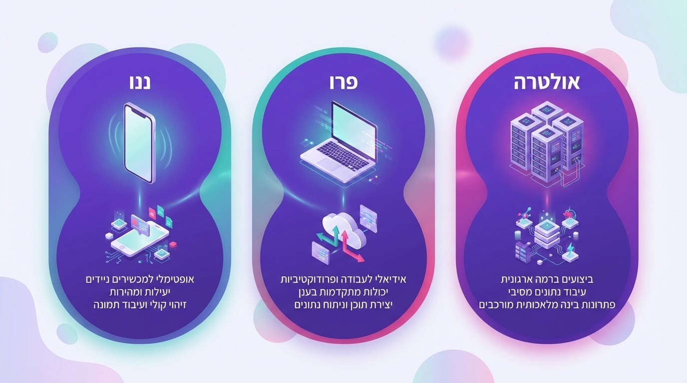 שלוש גרסאות של Google Gemini - השוואה ויזואלית בין Nano, Pro ו-Ultra