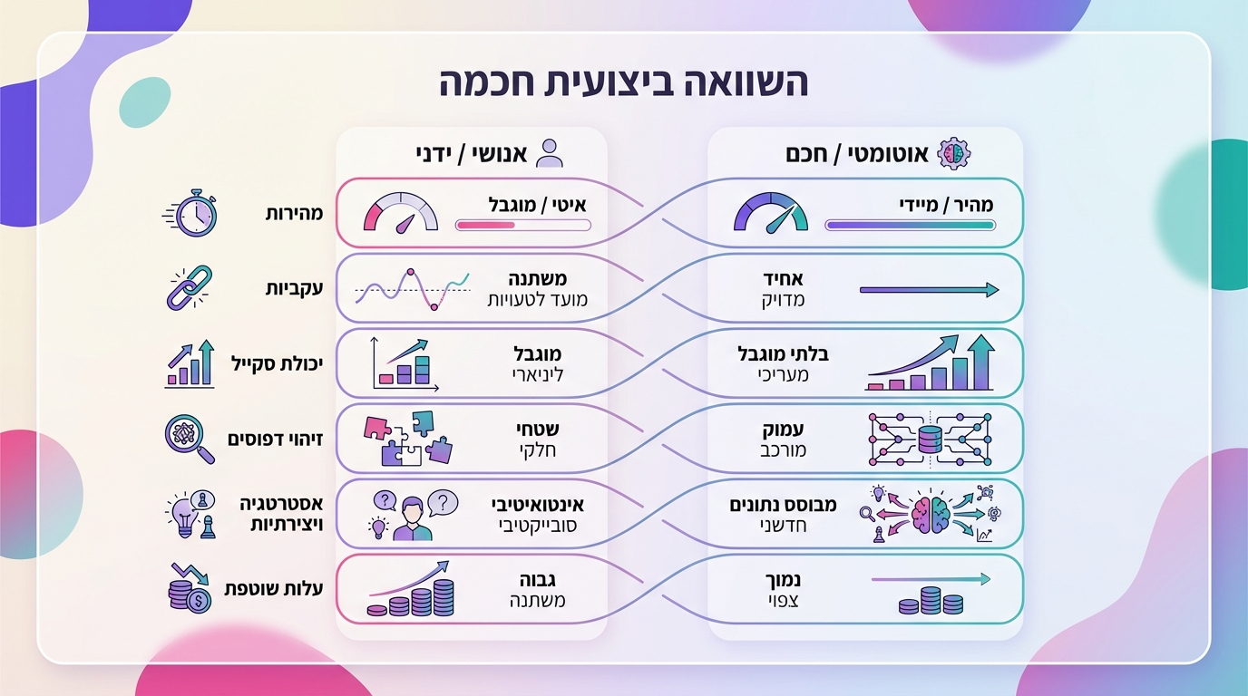 השוואה ויזואלית בין ניתוח SEO אוטומטי לניתוח ידני - יתרונות וחסרונות