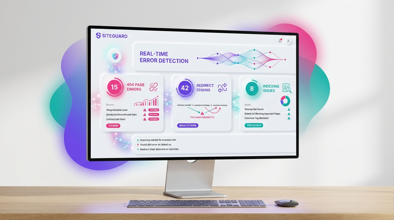 תרשים ניטור אוטומטי של שגיאות טכניות באתר כולל 404, הפניות שבורות וסטטוס אינדוקס