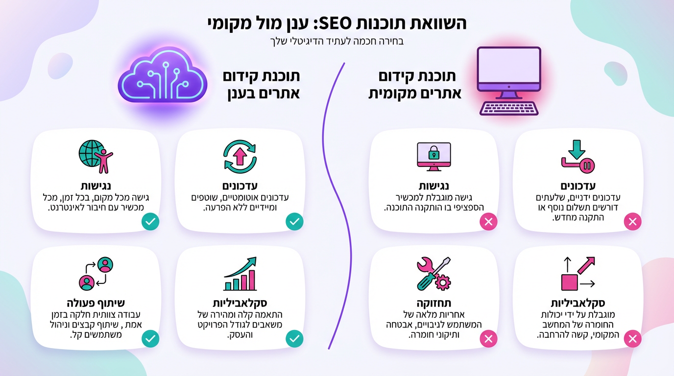 השוואה בין מערכת קידום בענן לתוכנה מקומית - יתרונות הענן בקידום אתרים