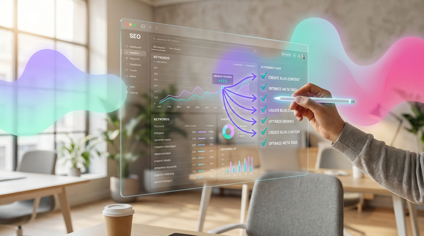 איור המדגים כיצד ניתוח נתוני SEO מתורגם לפעולות אופטימיזציה מעשיות