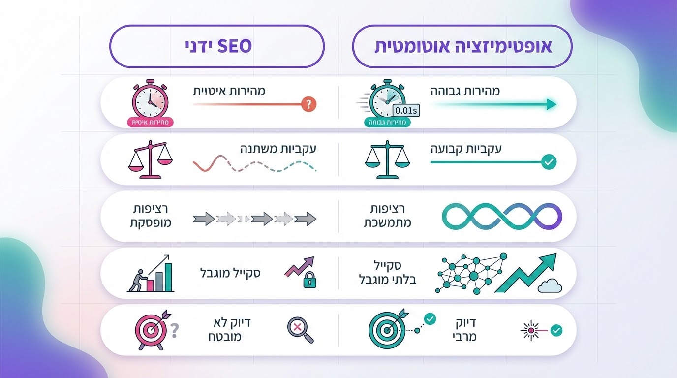 השוואה ויזואלית בין SEO ידני לאופטימיזציה אוטומטית - יתרונות וחסרונות