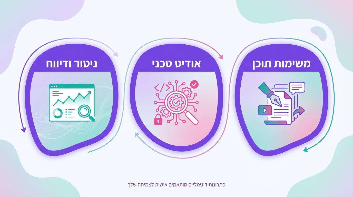 תרשים המציג את המשימות שכדאי לאוטמט קודם כל בתהליכי SEO - ניטור, דיווח ואודיט טכני