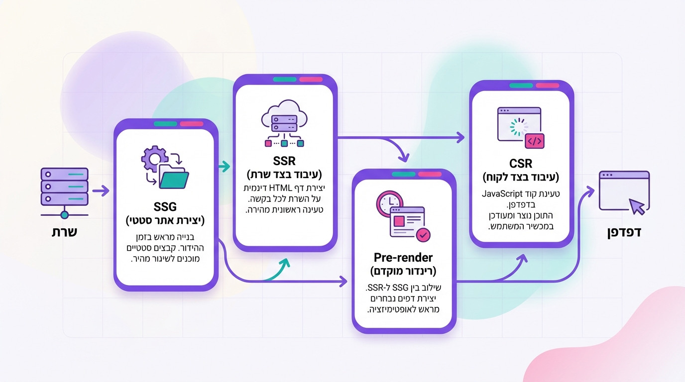 השוואת מודלי רינדור - CSR SSR SSG ו-Pre-render לאתרי JavaScript