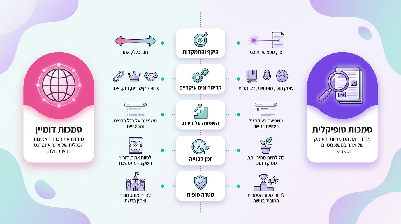 השוואה בין קידום מילות מפתח לבניית סמכות נושאית – אילוסטרציה של ההבדלים בגישות SEO