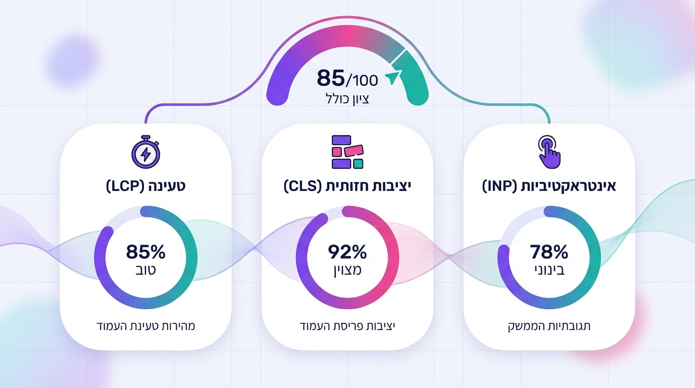 תרשים המציג את שלושת מדדי Core Web Vitals - LCP, CLS ו-INP