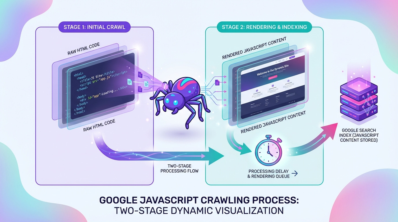 תרשים המתאר כיצד גוגל סורק ומאנדקס אתר Headless מבוסס JavaScript בשני שלבים