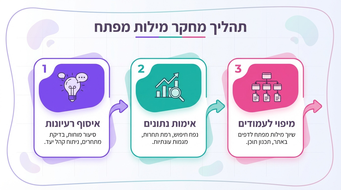 תהליך מחקר מילות מפתח שלב אחרי שלב — מאיסוף רעיונות ועד מיפוי לעמודים