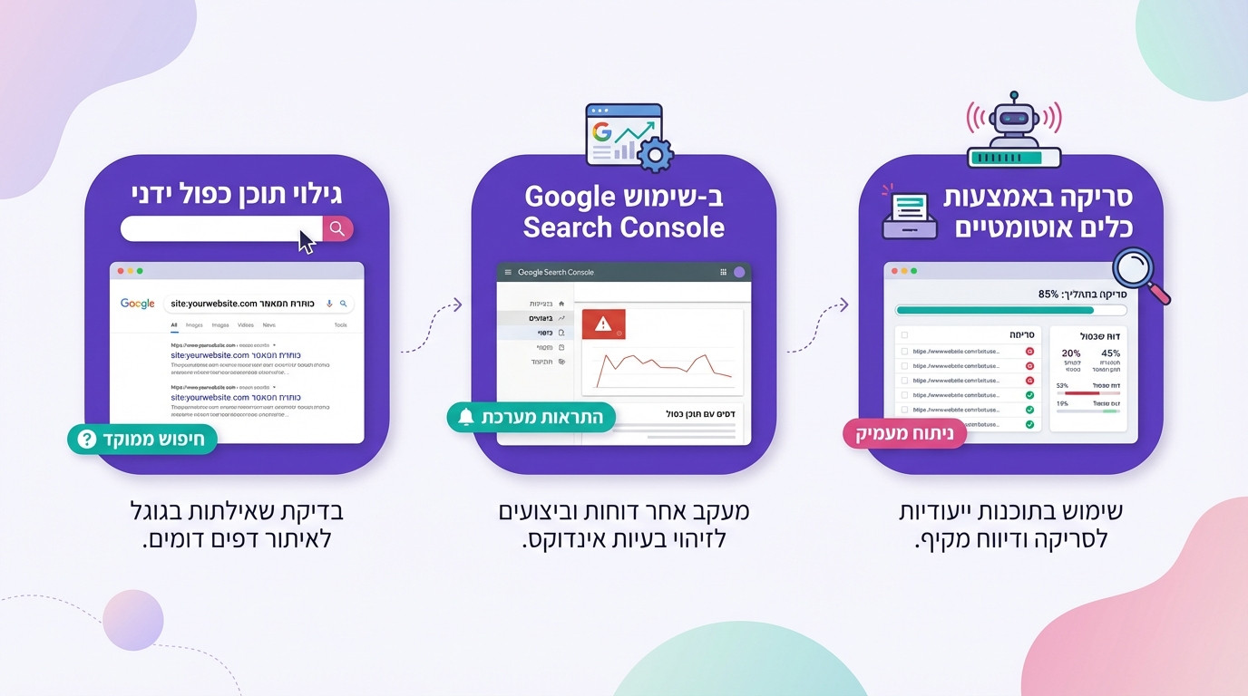 תהליך עבודה של כלי בדיקת תוכן כפול לזיהוי כפילויות באתר