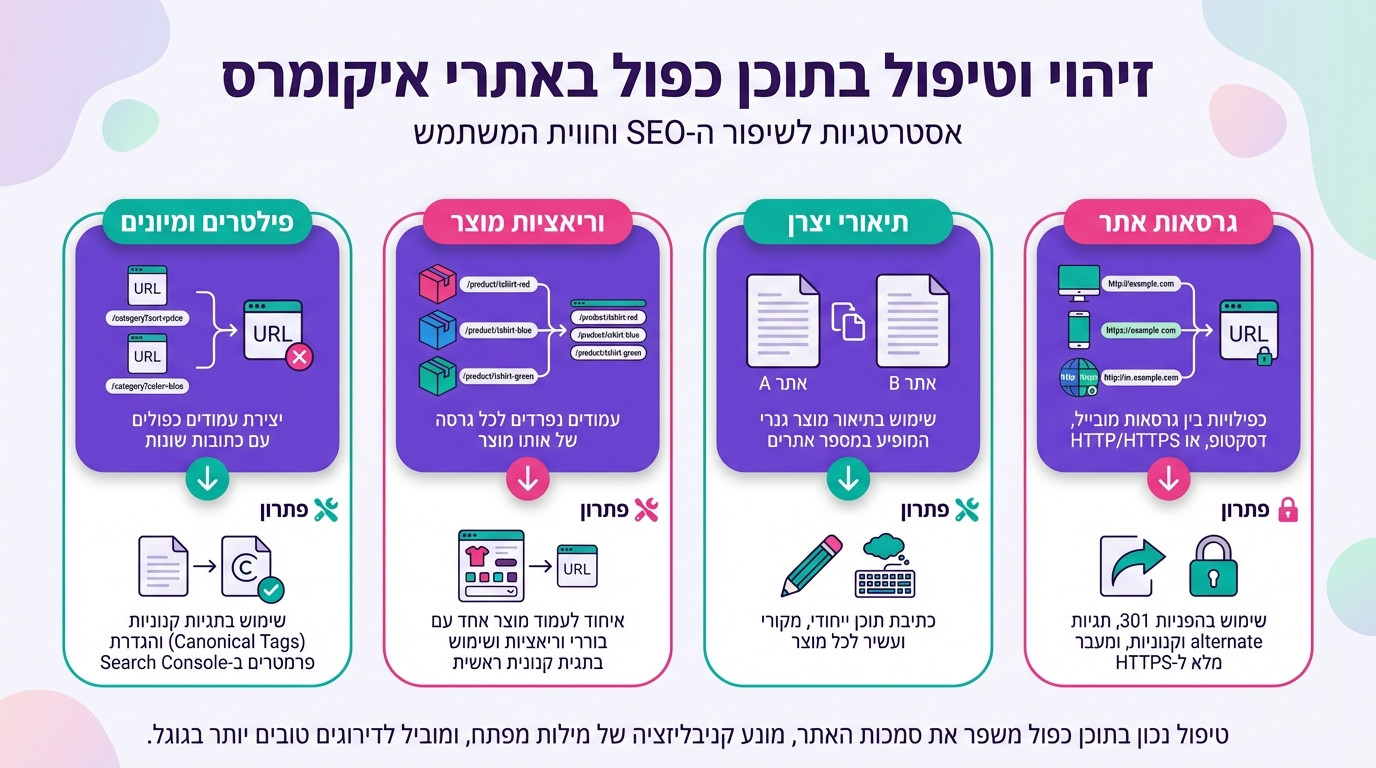 זיהוי וטיפול בתוכן כפול בחנויות אונליין — פתרונות טכניים