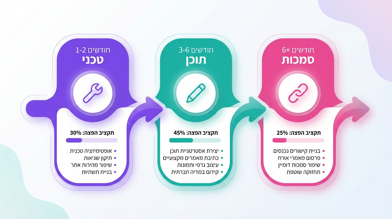 אינפוגרפיקה על חלוקת תקציב חכמה בין תוכן, טכני וסמכות בקידום אתרים