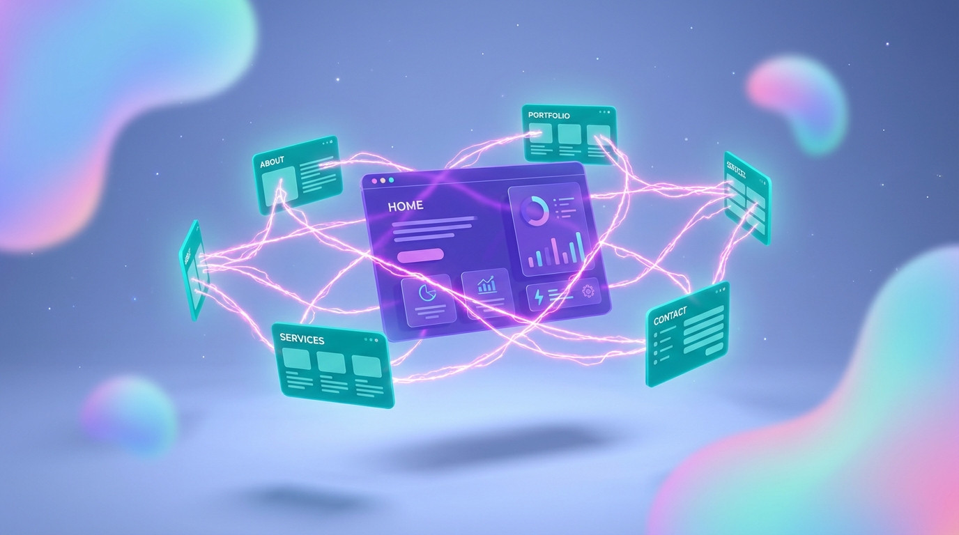 מבנה אשכול תוכן עם עמוד עוגן מרכזי ועמודי משנה מקושרים – תרשים סכמטי