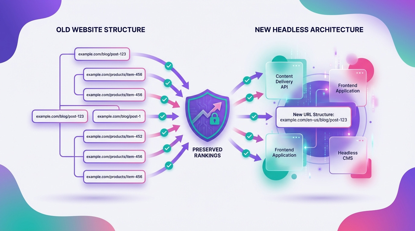 תרשים מפת הפניות 301 למיגרציה לארכיטקטורת Headless CMS עם שמירה על דירוגי SEO
