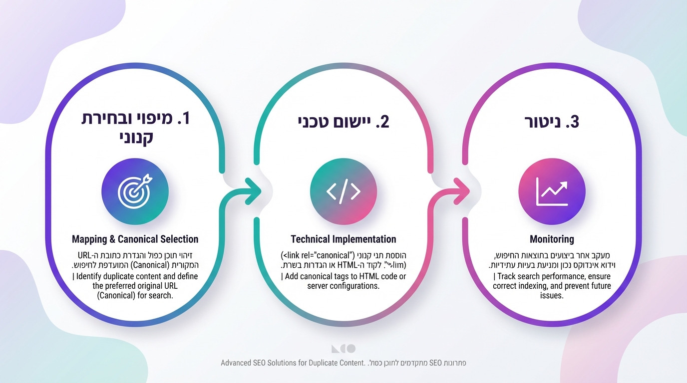 תרשים תהליך עבודה מומלץ לתיקון בעיות תוכן כפול ושמירה על תנועה אורגנית