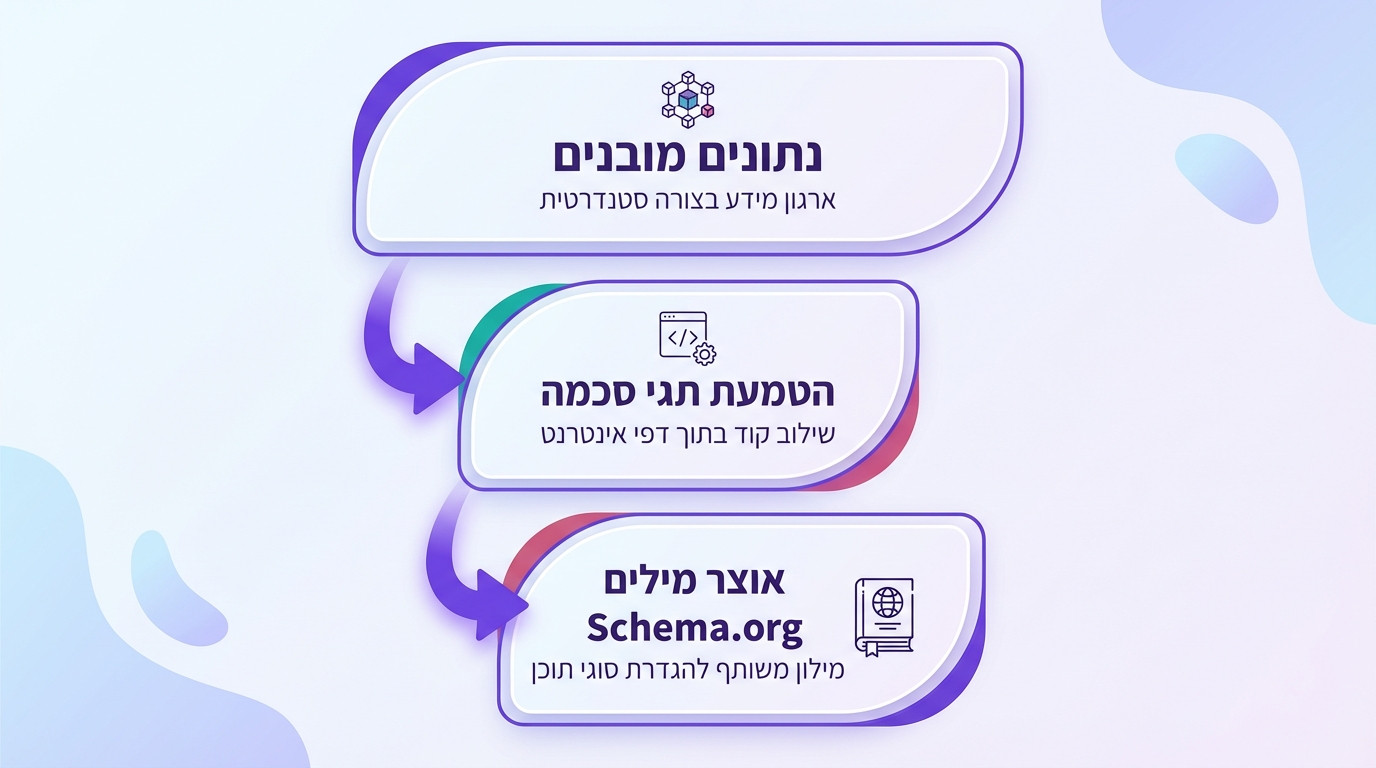 הסבר ויזואלי על ההבדלים בין נתונים מובנים, תגיות סכמה ו-Schema.org