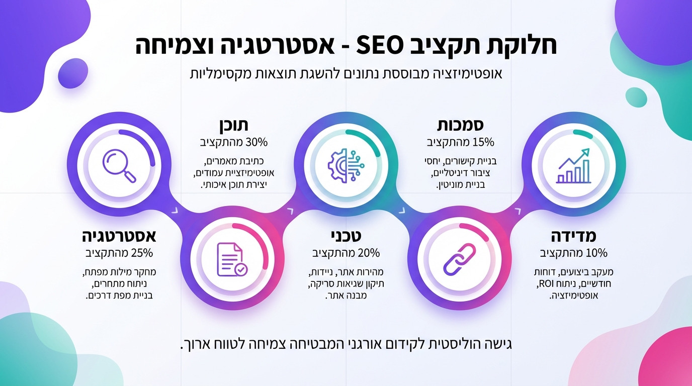תרשים המציג על מה הולך הכסף בקידום אתרים – חלוקת תקציב SEO בין תוכן, טכני וסמכות