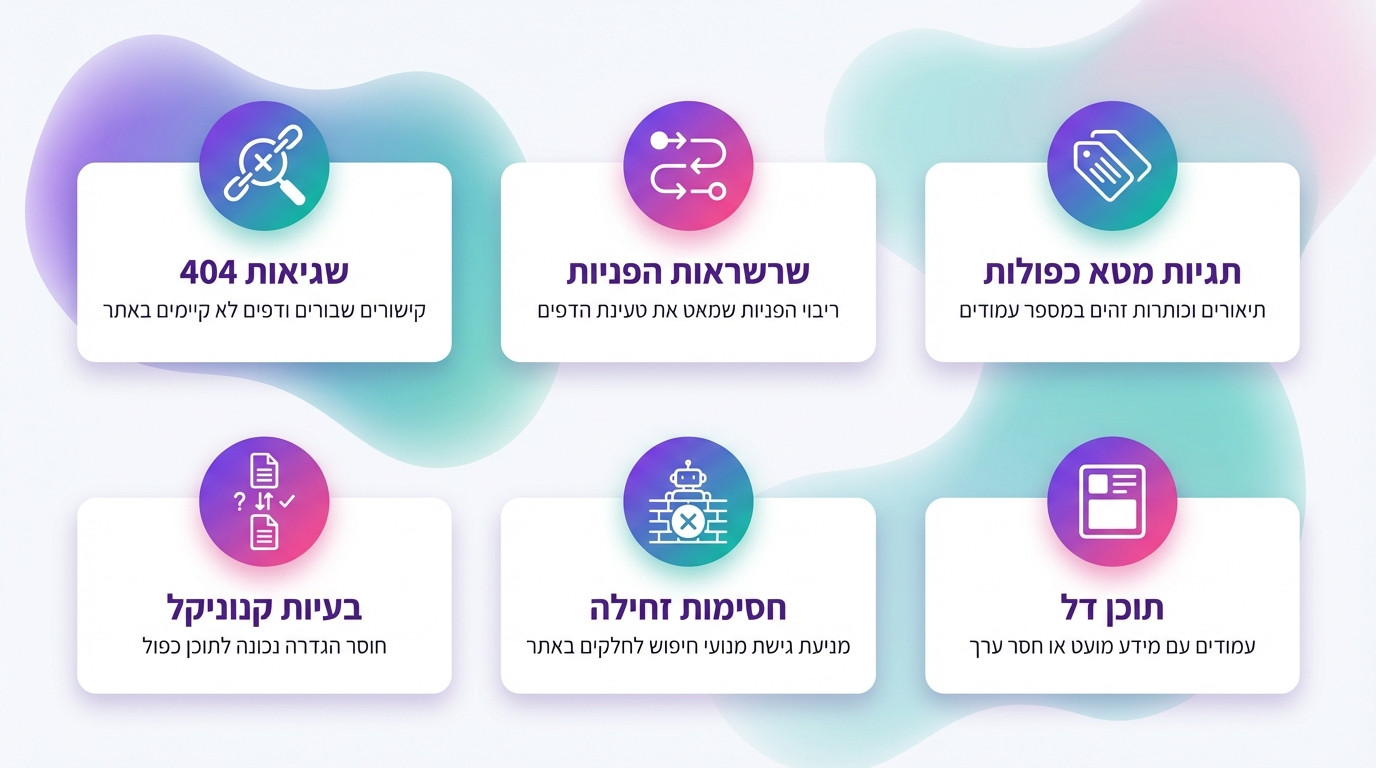 סוגי בעיות SEO שכלי סריקת אתר מגלים כולל שגיאות טכניות והפניות