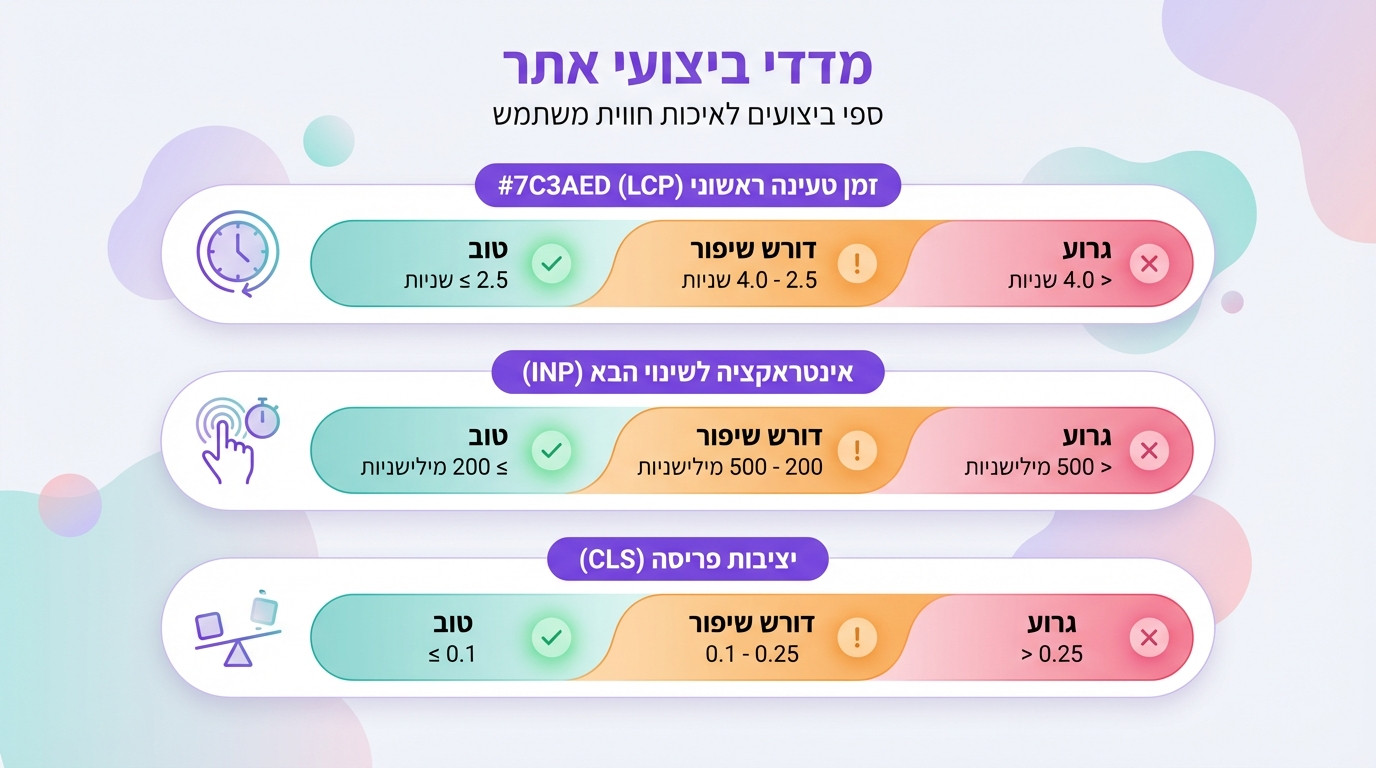 טבלת ספים של ציונים טובים, בינוניים וגרועים במדדי Core Web Vitals - LCP, INP ו-CLS