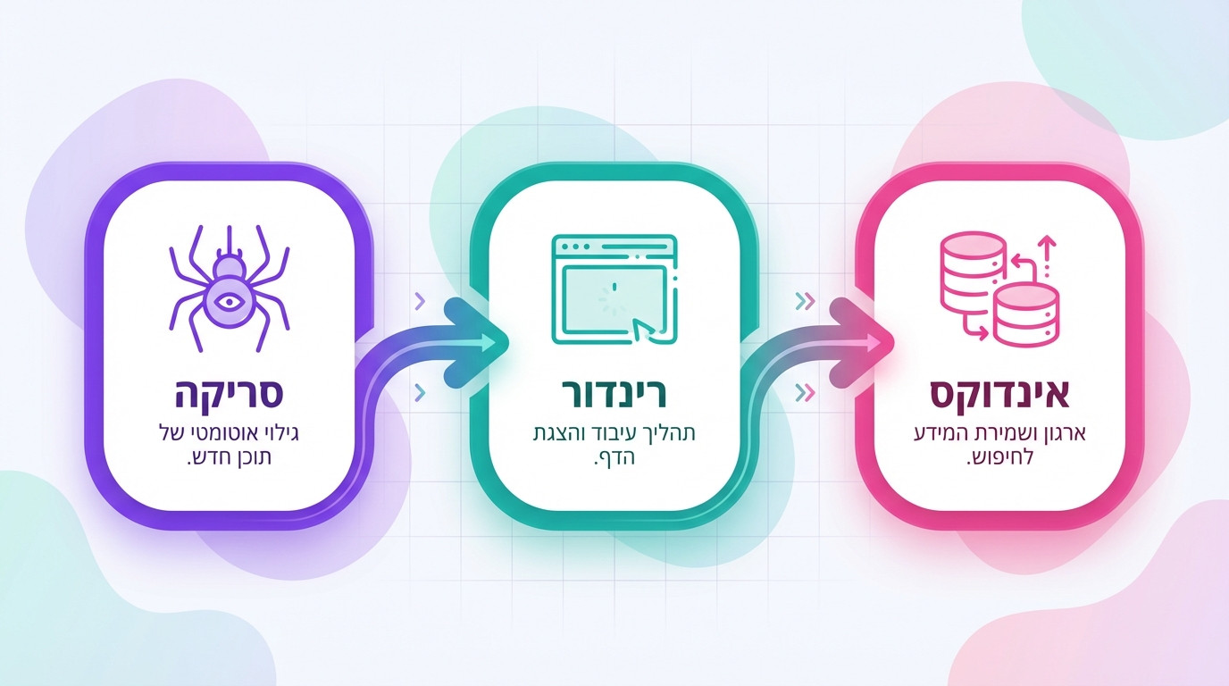 תרשים המסביר את ההבדל בין סריקה, רינדור ואינדוקס במנועי חיפוש