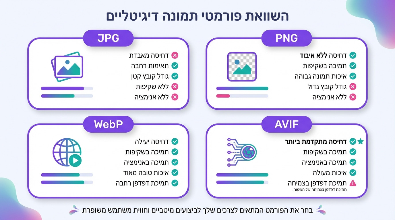 השוואה ויזואלית בין פורמטי תמונה שונים לאתרים כולל JPG PNG WebP ו-AVIF