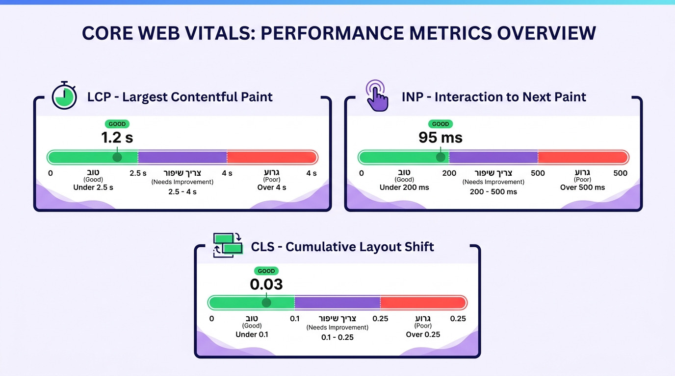 מדדי Core Web Vitals במובייל כולל LCP, INP ו-CLS עם ספי ערכים טובים וגרועים