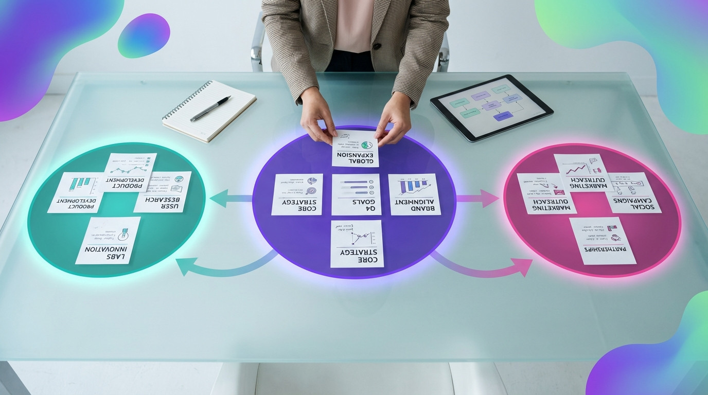 תרשים הממחיש בחירת תתי-נושאים לאשכול תוכן מבלי ליצור תחרות בין עמודים פנימיים