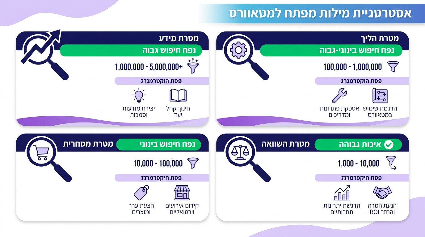 אשכולות מילות מפתח לקידום במטאברס - מפת אסטרטגיית מילים לפי כוונת חיפוש ורמת המרה