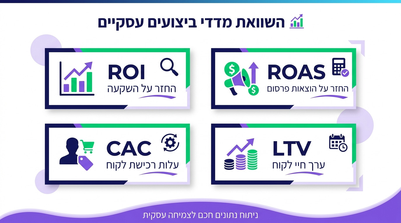 השוואה ויזואלית בין מדדי ROI, ROAS, CAC ו-LTV בקידום אתרים
