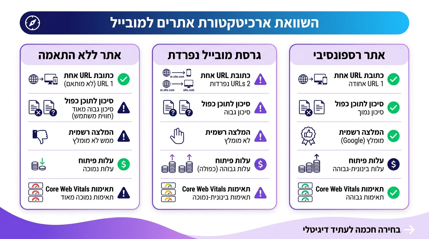 טבלת השוואה בין אתר רספונסיבי, גרסת מובייל נפרדת ואתר ללא התאמה למובייל