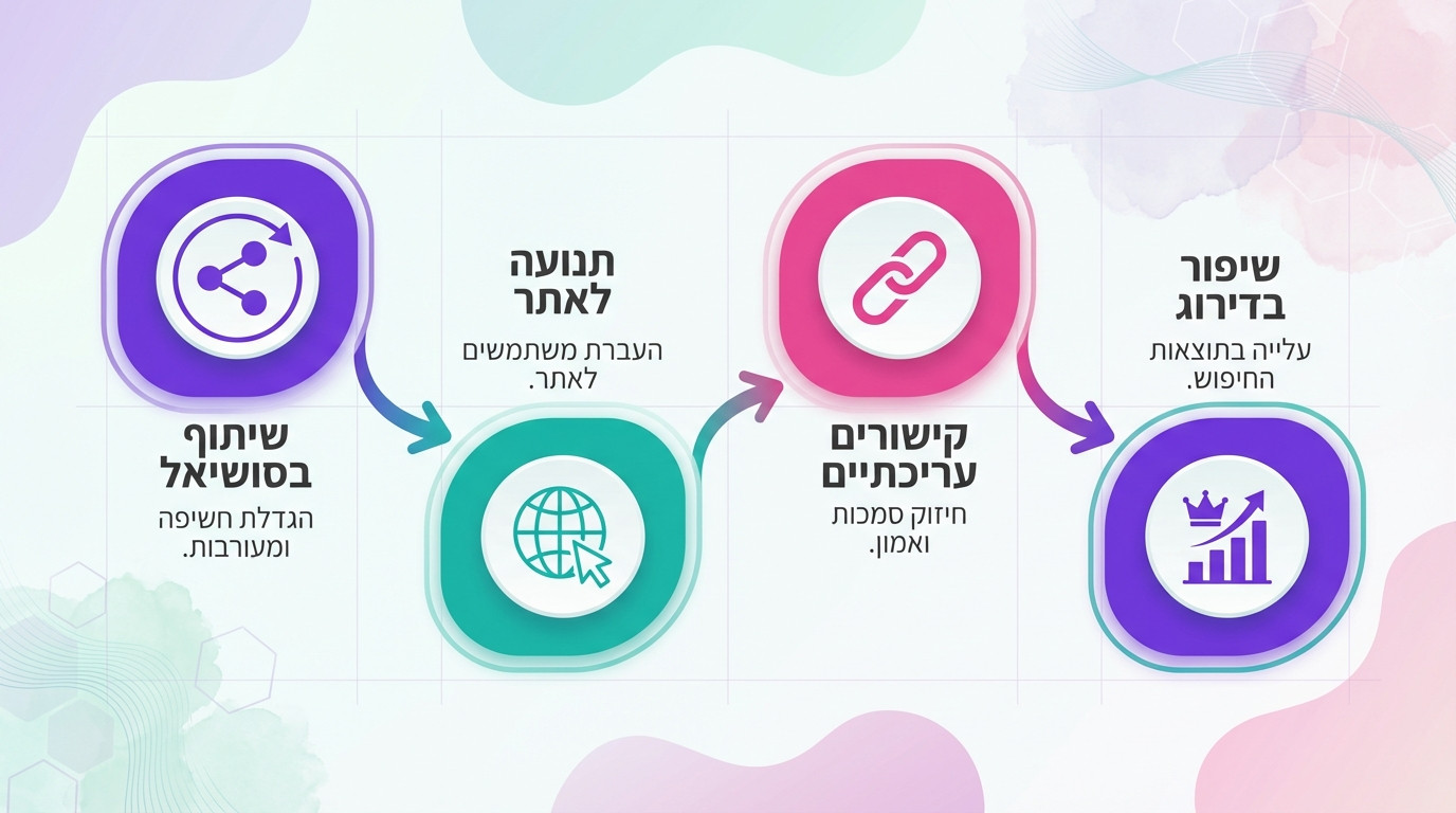 שרשרת הערך של קישורים חברתיים - תרשים המדגים איך שיתוף ברשתות חברתיות מוביל בסופו של דבר לשיפור בדירוג אורגני