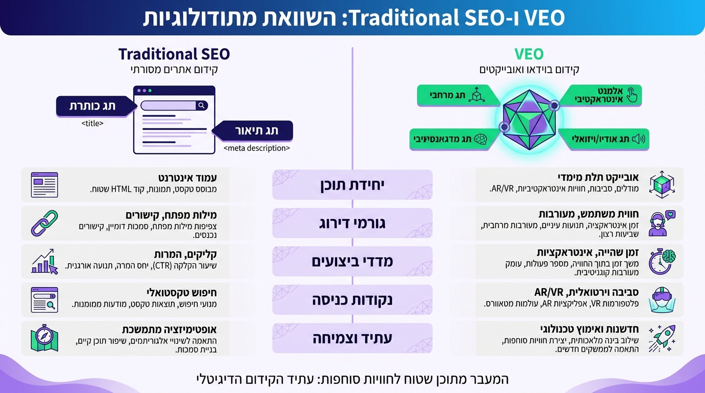השוואה בין VEO לבין SEO קלאסי - תרשים שמראה את ההבדלים המרכזיים בקידום אורגני לעומת קידום במטאברס