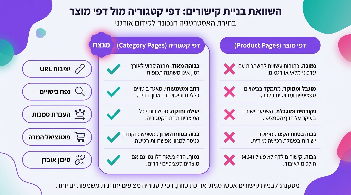 השוואה בין קישורים לעמודי קטגוריה לעומת עמודי מוצר - טבלת החלטה לחנויות