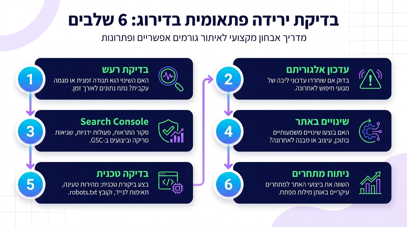 צ'ק ליסט מאויר לאבחון סיבות ירידת דירוגים פתאומית בגוגל בשישה שלבים