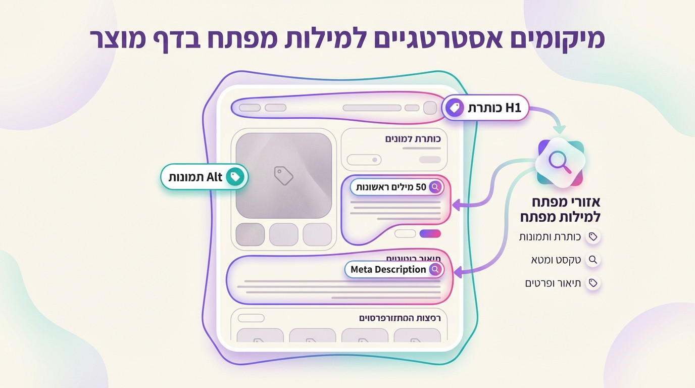 תרשים מיקומים אסטרטגיים למילות מפתח בדף מוצר לאופטימיזציה מקסימלית