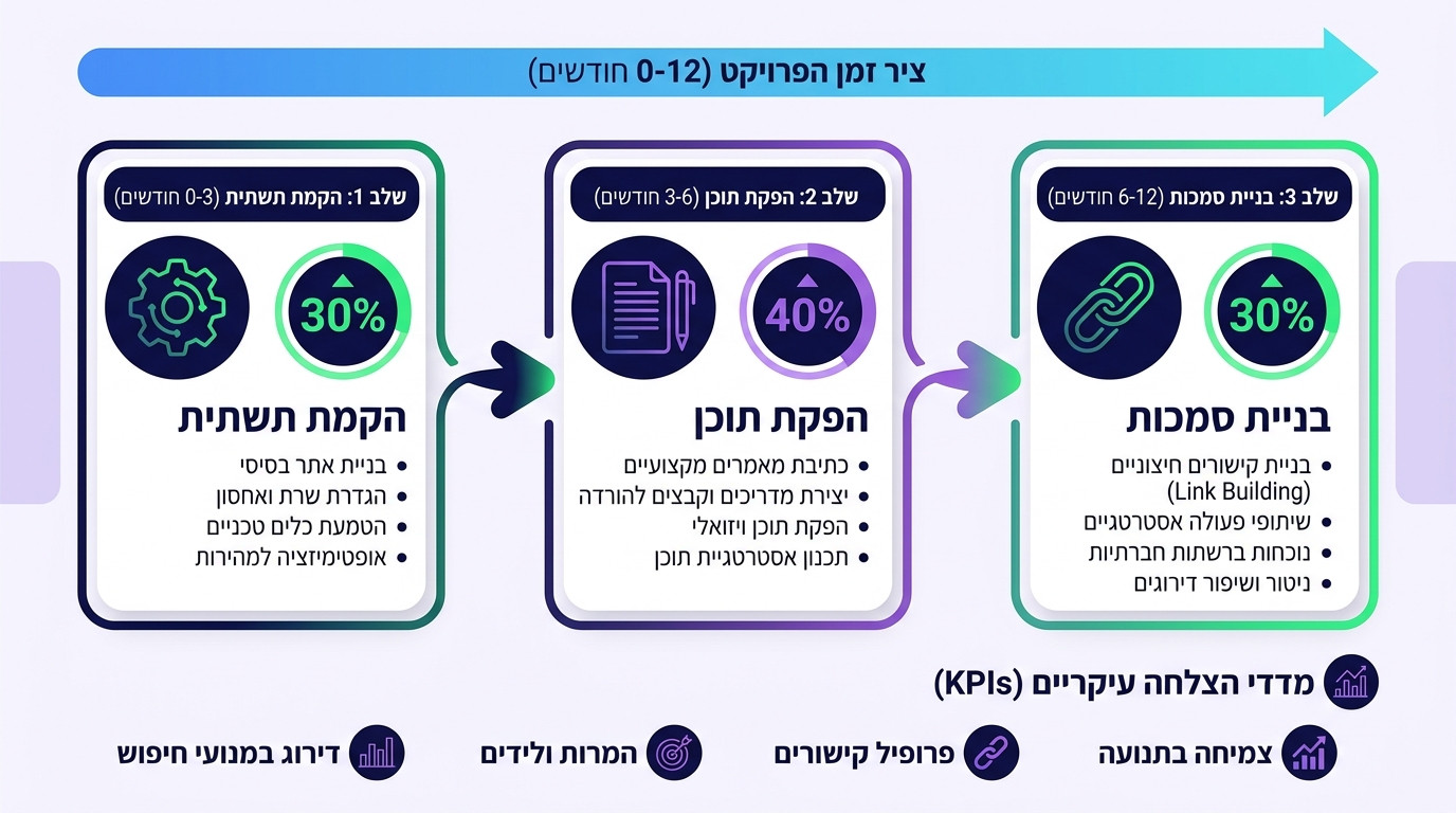 חלוקת תקציב קידום אתרים לפי שלבים - תרשים של שלושה שלבי עבודה לאורך השנה