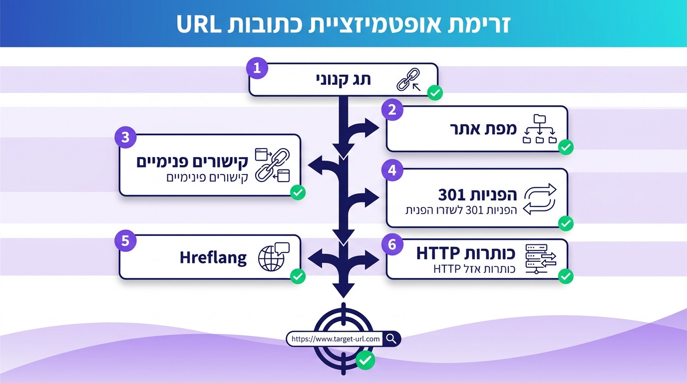 תרשים זרימה של חמשת השלבים לתיקון תוכן כפול באתר לפי מתודולוגיית WEBFORCE