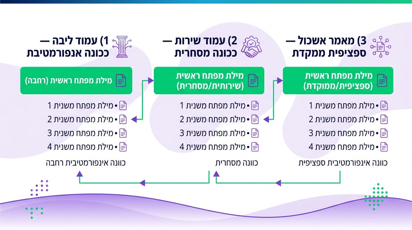 דוגמה ויזואלית למיפוי ביטויים ראשיים ומשניים לעמודי אתר במבנה היררכי