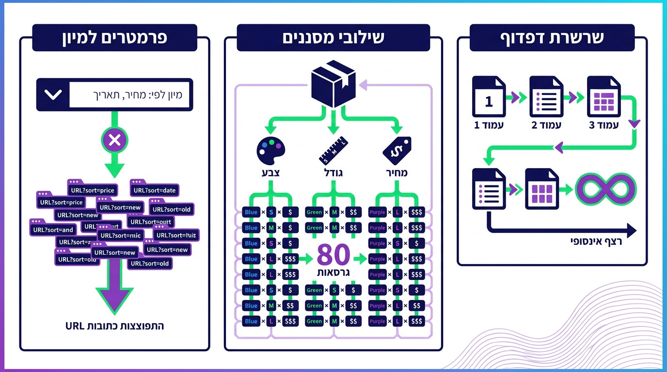 המחשה ויזואלית של פרמטרים ופילטרים שמבזבזים תקציב סריקה באתרי eCommerce