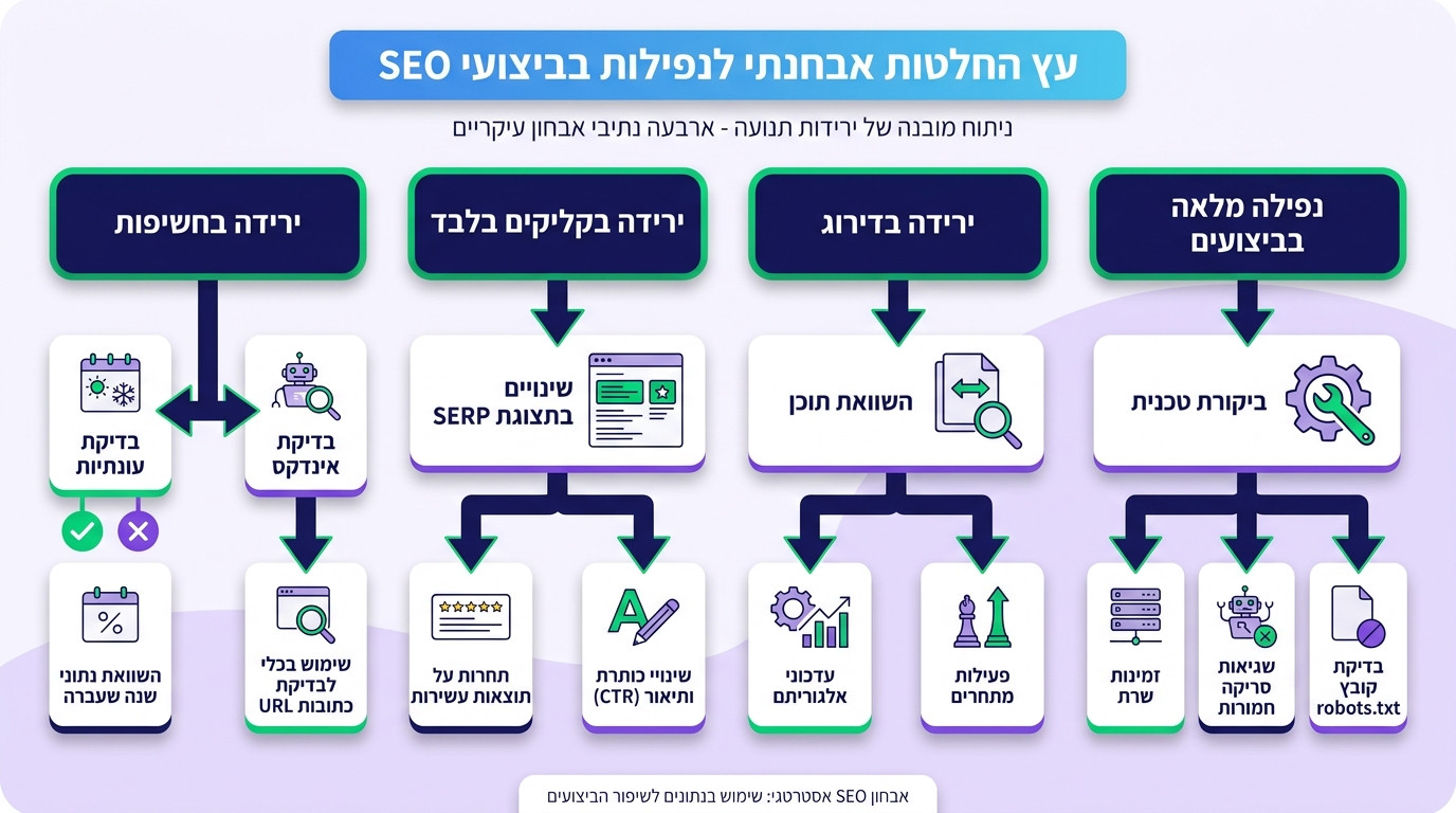 עץ החלטה לאבחון ירידה בביצועי מילות מפתח — תרשים זרימה לפעולה מהירה