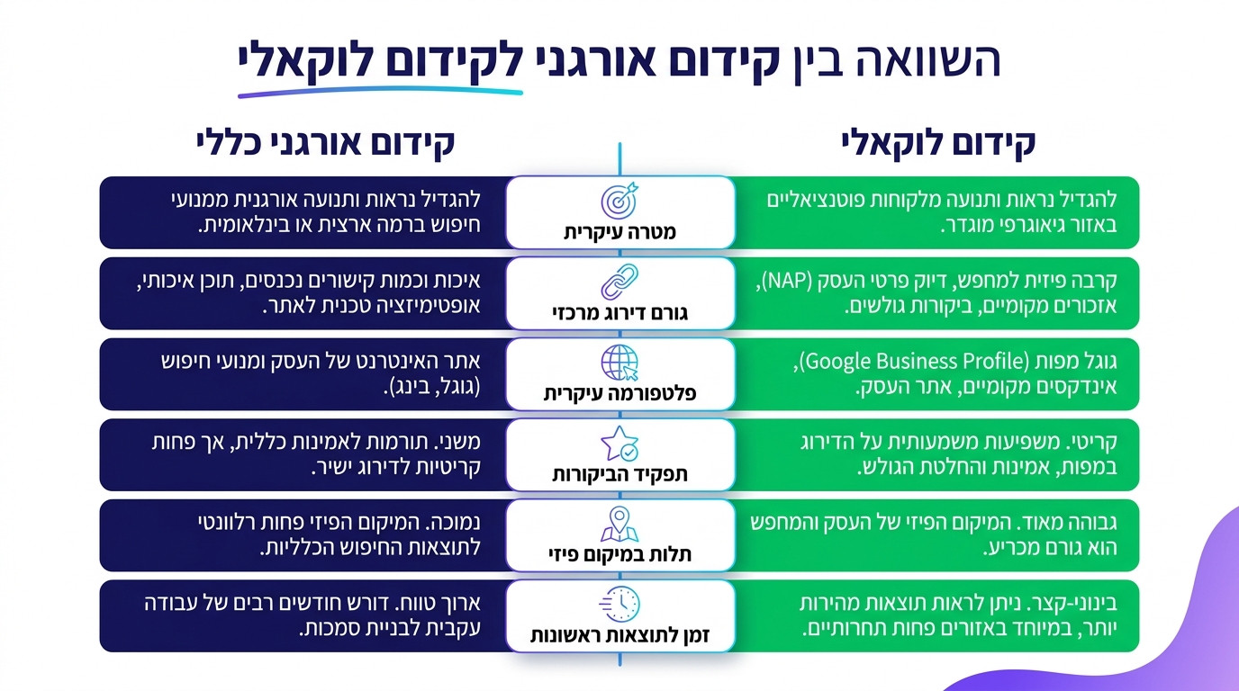 טבלת השוואה בין קידום אורגני כללי לבין קידום מקומי בגוגל