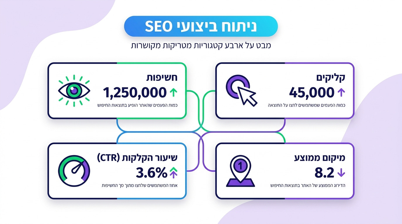 ארבעת המדדים המרכזיים לביצועי מילות מפתח — חשיפות, קליקים, CTR ומיקום ממוצע