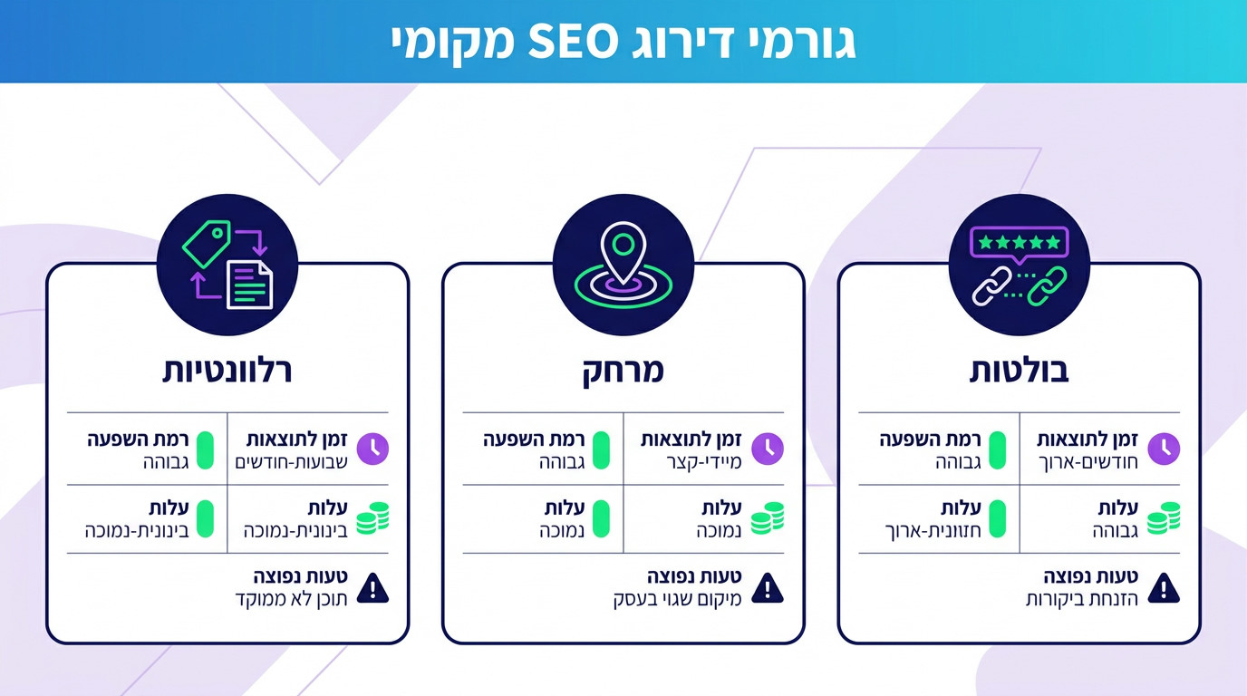 טבלת השוואה של שלושת גורמי הדירוג המקומי בגוגל — רלוונטיות, מרחק ובולטות